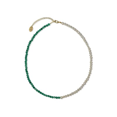 CO88 Collection 8CN-26325 Parelketting met Groen Stenen Kralen - Dames - Groene Natuursteen - Parel - Staal - Kraal 4 mm - 40 + 5 cm Lengte - Groen/Wit /Goudkleurig