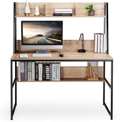 COSTWAY Bureau met plank, computertafel van hout met metalen frame en verstelbare voetkussens, werktafel met open boekenkast, 120 x 57 x 140 cm