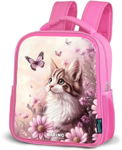 NoBoringSuitcases.com® - Rugzak roze - Schooltas meisjes - Kat - Paars - Vlinders - Bloemen - Kinder rugtas meisje - Boekentas kind - Kinderrugzak voor school - Schoolrugzak