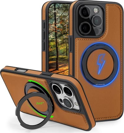 Perfeqt hoesje geschikt voor iPhone 15 Pro Max leren BackCover met 360° Kickstand & Keyring houder - Rich Brown