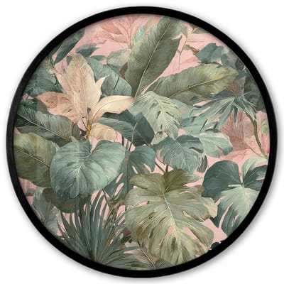Poster in lijst Rond - Fotolijst 40x40 cm - Posters - Compositie van bladeren - Groen - Roze - Ronde posterlijst zwart - Decoratie - Wanddecoratie woonkamer - Muurdecoratie slaapkamer