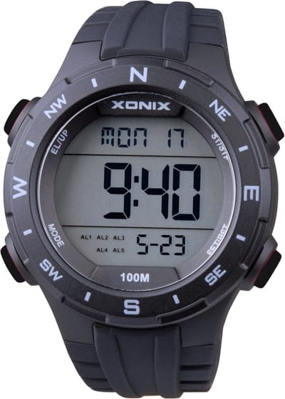 Xonix DAX-A06 - Horloge - Digitaal - Heren - Mannen - Rond - Siliconen band - LCD - ABS - Cijfers - Achtergrondverlichting - Alarm - Start-Stop - Chronograaf - Tweede tijdzone - Waterdicht - 10 ATM - Zwart