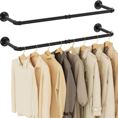 TIM® Kledingstang voor aan de Muur – Hoogwaardige Stalen Kledingroede – Set van 2 - Kledingrek - Hangrek - Garderobe Stang – Wandmontage - Zwart - ‎97cm x 25cm x 25cm