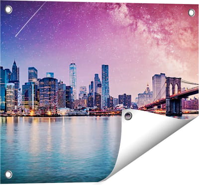 Gards Tuinposter New York Skyline met een Kleurrijke Hemel - 50x40 cm - Tuindoek - Tuindecoratie - Wanddecoratie buiten - Tuinschilderij