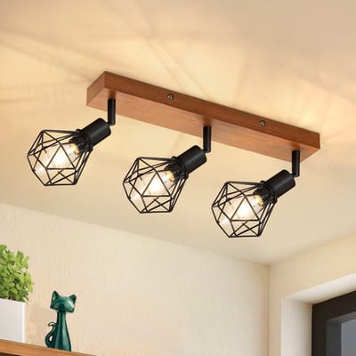 NETTLIFE Opbouwspot Hout - E14 Fitting - L 35cm - zwart - 3-Lichts - Vintage Plafondlamp - 350° draaibaar Plafondspot - voor Hal | Slaafkamer | Kantoor | Woonkamer - Zonder Lichtborn