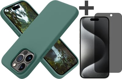 Hoesje met Privacy Screenprotector Geschikt voor iPhone 15 Pro Max Hoesje Siliconen - liquid case - Arara Backcover - Groen