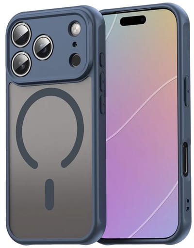 MobyDefend Hoesje - Geschikt voor iPhone 17 Pro - Case Geschikt voor MagSafe - Mat Transparant Met Gekleurde Rand - Blauw