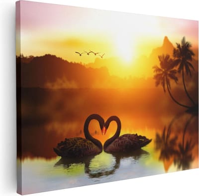 Artaza Canvas Schilderij Zonsondergang Zee - 40x30 cm - Klein - Wanddecoratie Palmboom - Muurdecoratie Zwanen - Schilderijen Op Canvas Strand