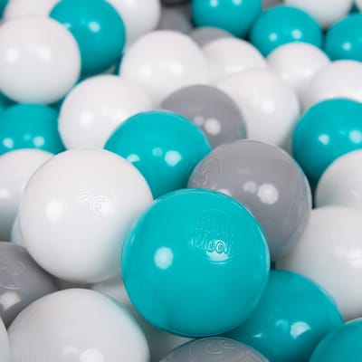 KiddyMoon Ballenbak ballen voor Kinderen Ø7 cm met 100 Stuks - Kinderballen baby - Speelballen voor Ballenbad - BPA-vrij - Ballenbak ballen - Kleurrijke ballen - Baby Speelgoed - Grijs Wit Turkoois