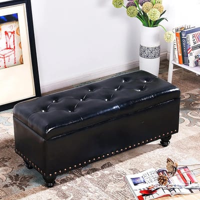 Opbergbank Imitatieleer - Voetenbank Zitbank - Ruimte Organiseren - Stevig Houten Frame - 60x40x45 cm - Zwart