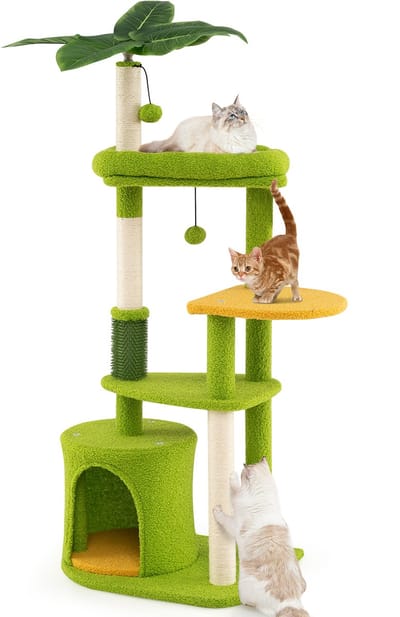 COSTWAY krabpaal, kattenboom met kattenhol, kunstmatige bladeren, kattenborstel, ligplaats, sisal-krabpaal, platformen & ballen, klimboom katten krabpaal, 122 cm hoog, groen+oranje