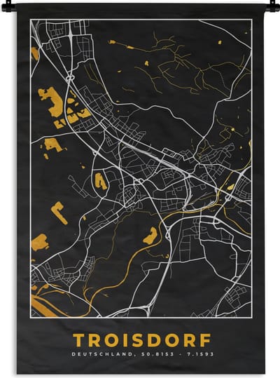 Wandkleed - Wanddoek - Stadskaart – Plattegrond – Duitsland – Goud – Troisdorf – Kaart - 120x180 cm - Wandtapijt