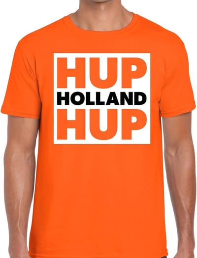 Nederland supporter t-shirt Hup Holland Hup in vierkant oranje voor heren - landen kleding S