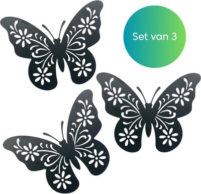 Janse® Vlinder set van 3 - Metalen vlinders zwart - Tuin vlinders - Tuindecoratie - Schutting accessoires - Tuinhek decoratie - Wand decoratie vlinders - Schuur versiering - Woondecoratie - Muurvlinders - Voor binnen en buiten