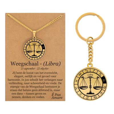 Sterrenbeeld Weegschaal / Libra Ketting + Sleutelhanger - Goudkleurig - Stainless Steel op Cadeau Kaartje- 60cm - Pax Amare