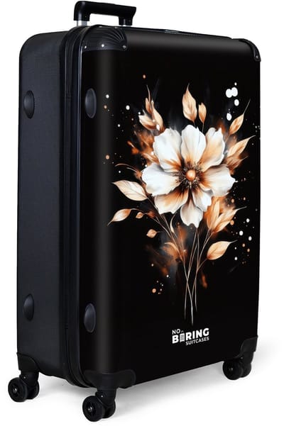 NoBoringSuitcases.com® - Koffer groot - Reiskoffer lichtgewicht - Bloem in beige en brons op zwarte achtergrond - Rolkoffer met 4 wielen - Grote trolley XL - 98 liter bagage