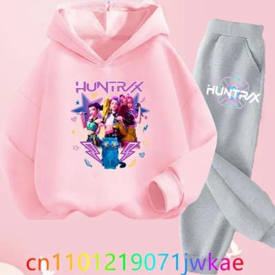 Costume à capuche pour enfants KPop Chasseurs de démons Imprimé Vêtements pour enfants Y2K Sweat-shirts à capuche+Pantalons Ensembles de sport 140 pink