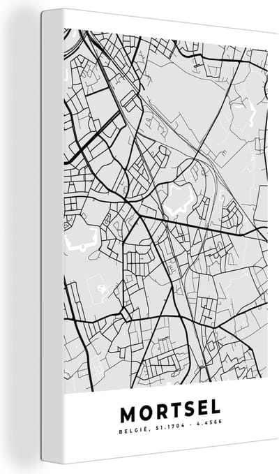 Canvas Schilderij Plattegrond – Mortsel – Zwart Wit – Stadskaart - Kaart - 20x30 cm - Wanddecoratie