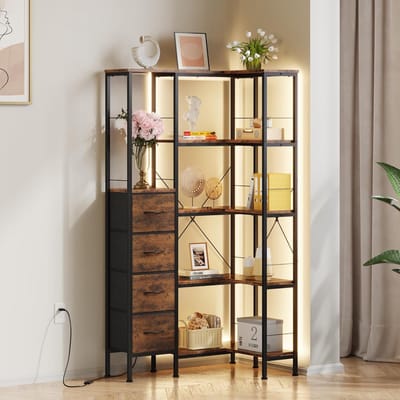Hoekrek Boekenkast 170 cm met LED Verlichting en 4 Laden – 5 Niveaus Industrieel Opbergrek Vintage Bruin voor Woonkamer en Kantoor – Urbanhome