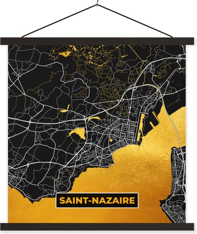 Posterhanger incl. Poster 60x60 cm - Schoolplaat - Frankrijk – Plattegrond – Kaart – Saint-Nazaire – Stadskaart - Textielposter - Zwarte latten - Stadskaart
