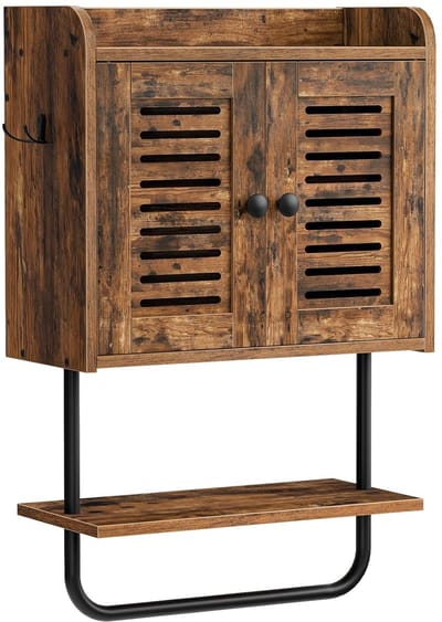 TRANKIELO® – Vintage Multifunctionele Badkamerkast – Wandmontage – Verstelbare Planken – 2 Haken – Vintage Bruin en Zwart