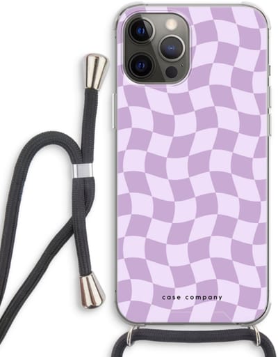 Case Company® - Hoesje met koord geschikt voor iPhone 12 Pro hoesje met Koord - Grid Paars - Telefoonhoesje met Zwart Koord - Bescherming aan alle Kanten en Over de Schermrand