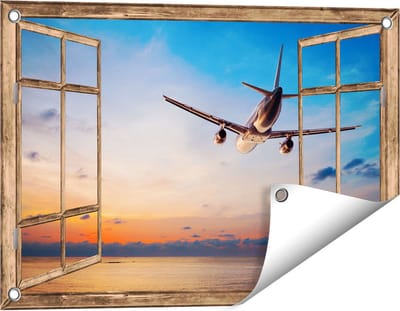 Gards Tuinposter Doorkijk Vliegtuig Boven de Zee bij Zonsondergang - 60x40 cm - Tuindoek - Tuindecoratie - Wanddecoratie buiten - Tuinschilderij
