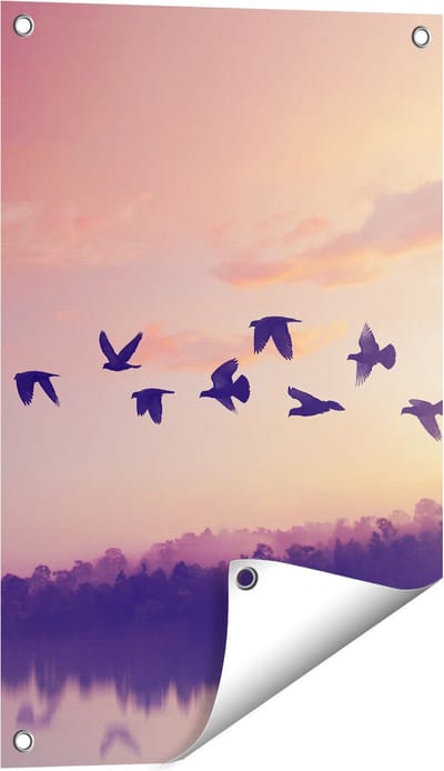Gards Tuinposter Silhouet Vogels tijdens Zonsondergang - 40x60 cm - Tuindoek - Tuindecoratie - Wanddecoratie buiten - Tuinschilderij