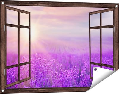 Gards Tuinposter Doorkijk Bloemenveld met Paarse Lavendel - 90x60 cm - Tuindoek - Tuindecoratie - Wanddecoratie buiten - Tuinschilderij