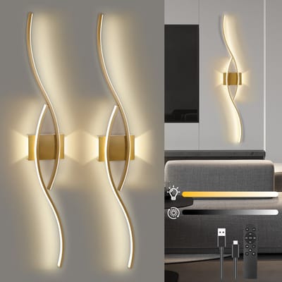 Rosnek 2 Stuks Draadloze Wandlamp Oplaadbaar – Instelbare Kleurtemperatuur & Helderheid, Afstandsbediening met USB-C - 15-55 uur Werking – Moderne LED Muurlamp met Dubbele Zijverlichting, Timer en Touch Bediening – Goud Aluminium Design - Model B
