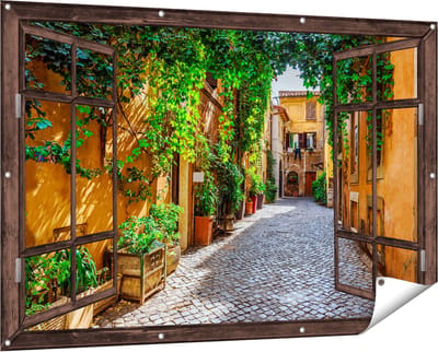 Gards Tuinposter Doorkijk Straatje in Rome met Groene Planten - 150x100 cm - Tuindoek - Tuindecoratie - Wanddecoratie buiten - Tuinschilderij