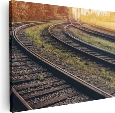 Artaza Canvas Schilderij Treinrails - 40x30 cm - Klein - Wanddecoratie Natuur - Muurdecoratie Zonsondergang - Kamer Accessoires Landschap