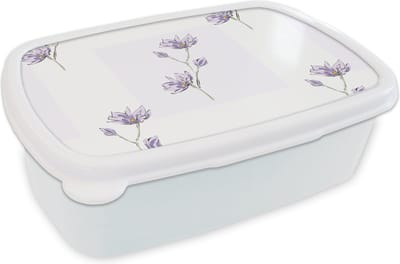 Broodtrommel Wit - Lunchbox - Brooddoos - Bloemen - Paars - Lente - Patronen - 18x12x6 cm - Volwassenen