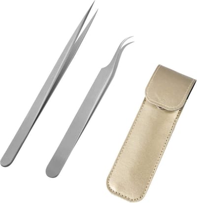 Pincet voor wimperverlenging met rechte en gebogen puntige uiteinden - set van 2 stuks professionele roestvrijstalen precisiepincetten