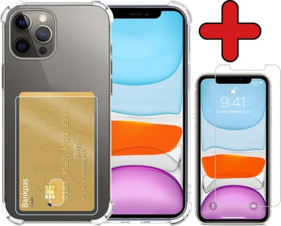 Hoesje - Geschikt voor Apple iPhone 11 Pro - Met Screenprotector - Pashouder - Kaarthouder - Back Cover - Telefoon Hoes Shockproof - Siliconen Case - Shock Proof - Pasjes Houder - Telefoonhoes - Transparant