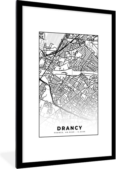 Fotolijst incl. Poster Zwart Wit- Kaart - Plattegrond - Drancy - Frankrijk - Stadskaart - Zwart wit - 80x120 cm - Posterlijst