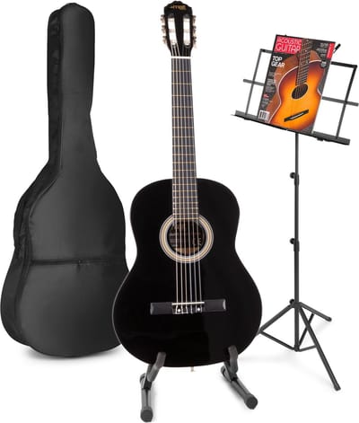 Akoestische gitaar voor beginners - MAX SoloArt klassieke gitaar / Spaanse gitaar 4/4 - Met o.a. 39'' gitaar, gitaar standaard, muziekstandaard, gitaartas, gitaar stemapparaat en extra accessoires - Zwart