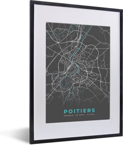 Fotolijst incl. Poster - Poitiers - Frankrijk - Plattegrond - Kaart - Stadskaart - 30x40 cm - Posterlijst