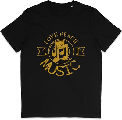 Heren Dames T Shirt - Print en Tekst: Love Peace Music - Zwart- XS