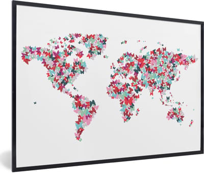 Poster in lijst - Fotolijst 120x80 cm - Posters - Wereldkaart - Kleuren - Vlinders - Kinderen - Jongens - Meisjes - Posterlijst zwart - Decoratie - Wanddecoratie woonkamer - Muurdecoratie slaapkamer