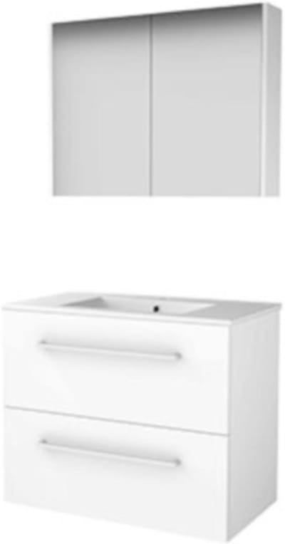 Basic-Line Comfort 46 Badkamermeubelset - 80 x 46 cm - Met Grepen - 2 Lades - Keramische Wastafel - 1 Kraangat - Spiegelkast - Ice White