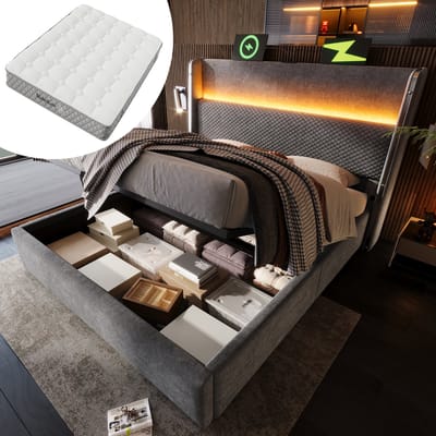Gutent-Gestoffeerd bed 160x200cm-tweepersoonsbed met ledverlichting-opbergruimte en USB/Type-C-aansluitingen-linnen-grijs-met matras
