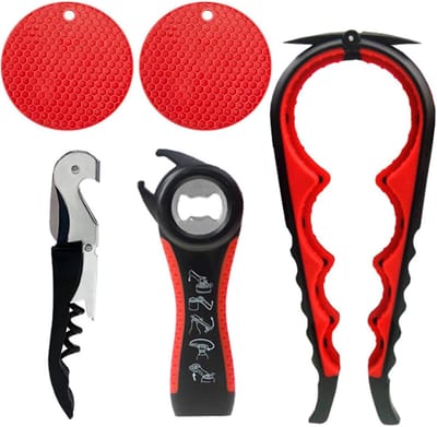 Multifunctionele 5-in-1 Dekselopener voor Flessen en Potten, Antislip Rubber, Handige Keukenaccessoire