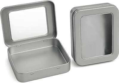 Rectangulaire Mini Opbergdoos met Doorzichtig Deksel - Ideaal voor Kleine Voorwerpen, Blikken met Scharnier, Set van 2 (11.5 x 8.5 x 2.2 cm)