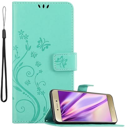 Cadorabo Hoesje geschikt voor Huawei P8 LITE 2017 / P9 LITE 2017 in BLOEMEN TURKOOIS - Beschermhoes in bloemmotief met magnetische sluiting, standfunctie en kaartsleuven Book Case Cover Etui