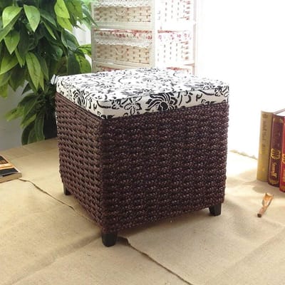 Opbergbank Rotan - Voetenbank Kruk - Entree Schoenen Wisselen - Afneembare Hoes - 40x40x40 cm - Koffiebruin