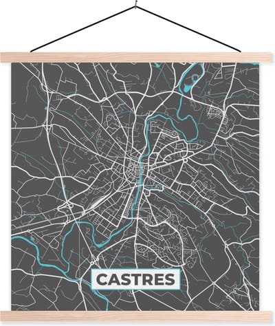 Posterhanger incl. Poster 40x40 cm - Schoolplaat - Castres - Frankrijk - Stadskaart - Kaart - Plattegrond - Textielposter - Blanke latten - Stadskaart