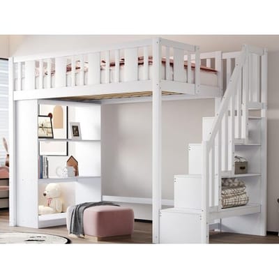 ModernLuxe Mezzanine bed 90x200cm - met opbergglijders - met opbergruimtes - wit (matras niet inbegrepen)