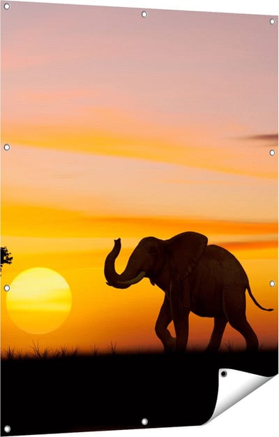 Gards Tuinposter Olifant Silhouet tijdens Zonsondergang - 90x120 cm - Tuindoek - Tuindecoratie - Wanddecoratie buiten - Tuinschilderij