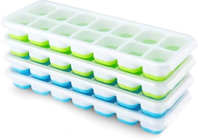 Vierdelige siliconen ijsblokjesvormenset - met deksel - ruimtebesparend, stapelbaar - BPA-vrij - vierkante ijsblokjes - gemakkelijk te verwijderen - blauw/groen